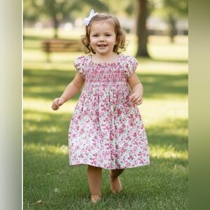 Ralph Lauren Smocked White and Pink Sundress with Square Neck